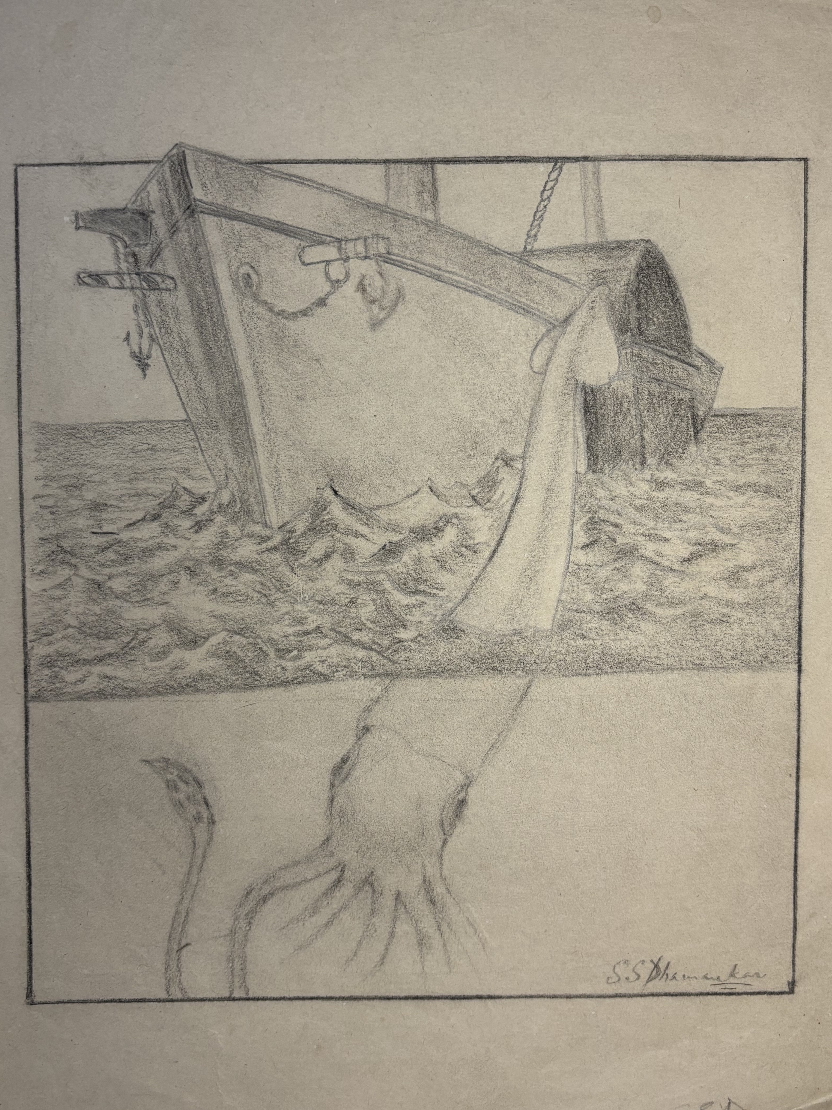 Pencil drawing of a ship and squid, 1996